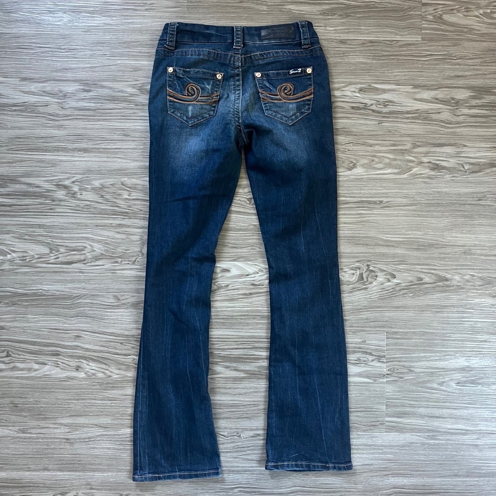Seven7 Slim Boot Jeans Dark Wash Distressed Denim Mid Rise Womens Size 29x32